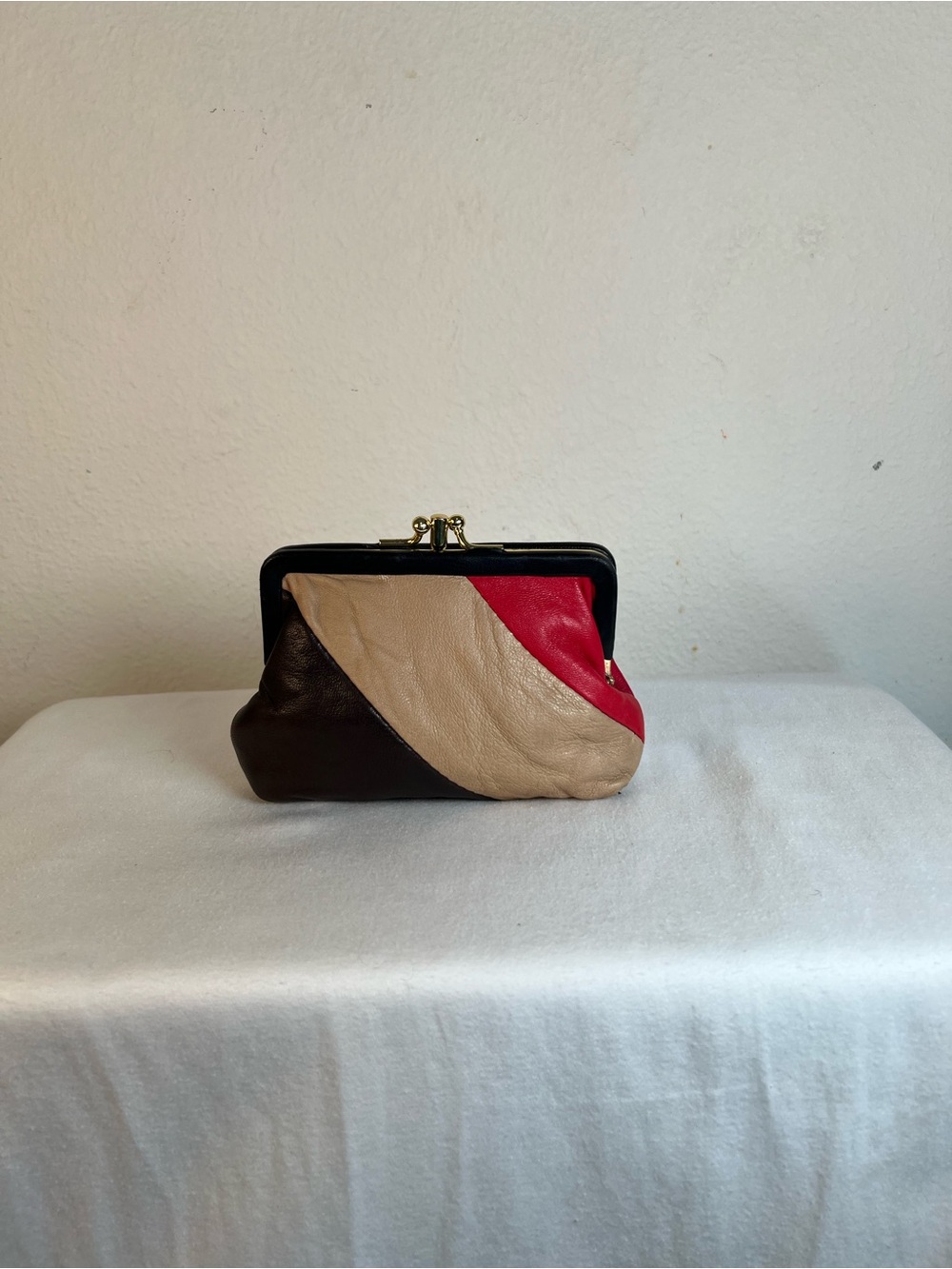 Vintage Tri-Color Leather Frame Wallet/Coin Purse- Red, Beige & Brown